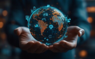 Fototapeta premium Sustainable development goals SDGs concept with hands holding a globe adorned with environmental technology icons, highlighting the business value chain and netzero concept