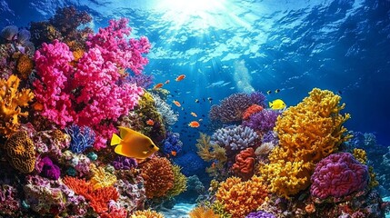 Naklejka premium Sea coral reef and colorful fishes, sun rays penetrating surface - diverse underwater life , isolated on white background, , copy space, copy space for text,