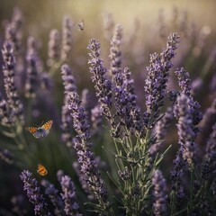 Obraz premium A blooming lavender sprig with tiny butterflies hovering.