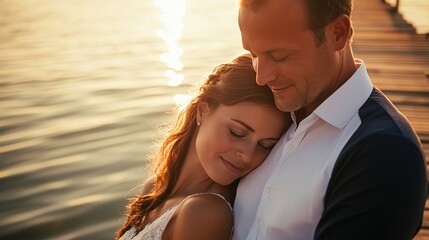 A romantic couple sharing an intimate embrace on a wooden dock at sunset, with warm golden light reflecting on the rippling water, creating a tranquil and loving scene - Powered by Adobe