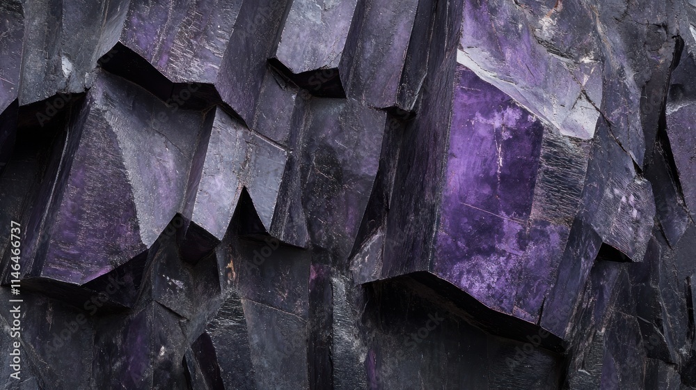 Poster close-up of a textured rock surface featuring deep purple hues and angular formations.