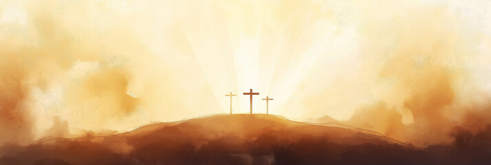 On hill against backdrop vast sky, crosse stand powerful symbol of Crucifixion, commemorating sacrifice Jesus Christ, God love, spirit of Easter, Christianity fill outdoor watercolor copyspace.