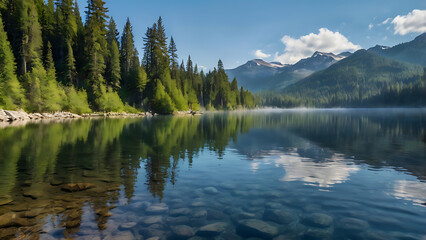 Serene Mountain Lake with Misty Reflections