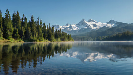 Serene Mountain Lake with Misty Reflections