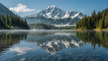 Fototapeta premium Serene Mountain Lake with Misty Reflections