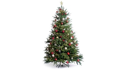 Fototapeta premium tree decorated with ornaments and festive lights isolated on white. Festive christmas tree with lights and ornaments 
