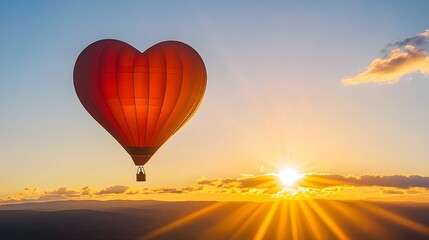 Fototapeta premium heart-shaped hot air balloon soaring at sunrise.
