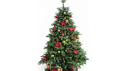 Obraz premium tree decorated with ornaments and festive lights isolated on white. Festive christmas tree with lights and ornaments 