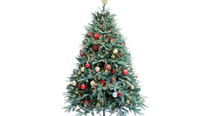 Fototapeta premium tree decorated with ornaments and festive lights isolated on white. Festive christmas tree with lights and ornaments 