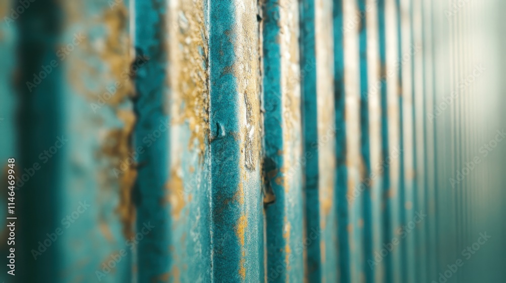 Aufkleber close-up of a weathered turquoise metal surface with rust and vertical lines.