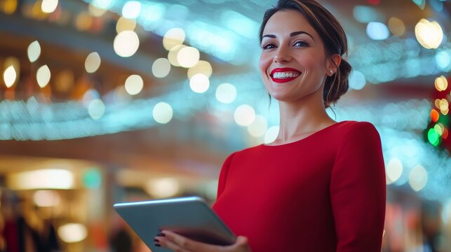 Woman in red dress uses tablet at Christmas mall.