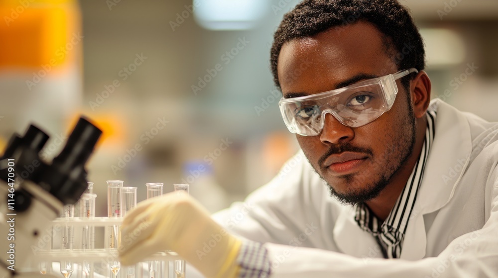 Poster a man wearing a lab coat and goggles is looking at a microscope