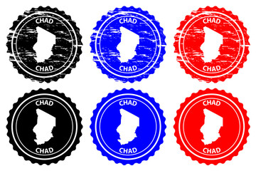 Chad - rubber stamp - vector, Republic of Chad map pattern - sticker - black, blue and red