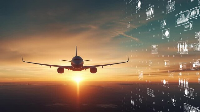 Cutting-edge airplane soaring through the atmosphere, augmented reality graphics displaying innovative aviation metrics