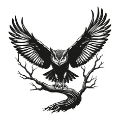 Owl in Flight Landing on Branch