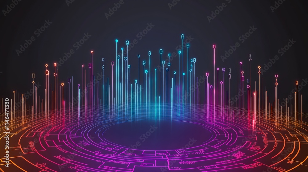 Poster abstract neon data visualization circuit lines and digital signals