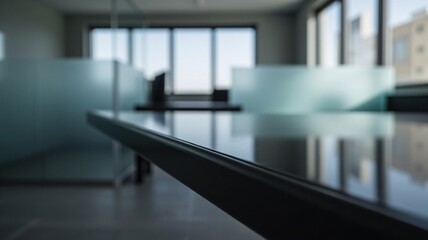High-resolution flat-lay of a black matte office desk with sharp edges, set in a corporate office with frosted glass partitions and gray walls. Bright studio lighting enhances the professional look.