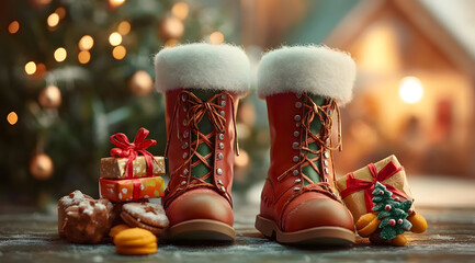 St. Nicholas Day background, greeting card, kid's boots with gifts and sweets