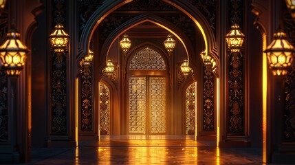 Elegant golden-lit interior with Islamic arches, ornate lanterns, and a tranquil atmosphere.