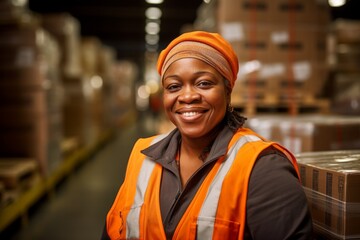 Portrait of a joyful middle aged female warehouse worker