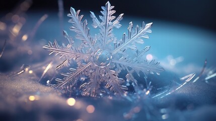 Crystal Snowflake Amidst Soft White Surface with Gentle Shimmering Light Reflections Capturing Winter's Tranquil Beauty in High Resolution