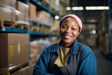 Fototapeta premium Portrait of a joyful middle aged female warehouse worker