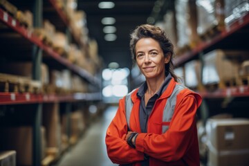 Fototapeta premium Portrait of a joyful middle aged female warehouse worker