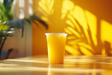 A bright yellow drink in a cup, illuminated by sunlight with plant shadows.
