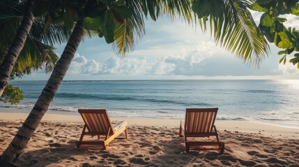 Obraz premium beachside relaxation, sandy shore, ocean waves, palm trees, tropical, peaceful, vacation, sunny