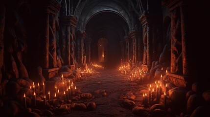 Fototapeta premium Scary Endless Medieval Catacomb with Flickering Candlelight and Dark Stone Walls in Atmospheric Lighting