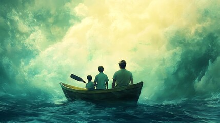 Three People in a Rowboat on a Stormy Sea