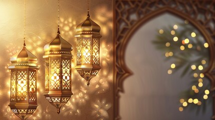 Elegant golden-lit interior with Islamic arches, ornate lanterns, and a tranquil atmosphere.