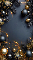 Christmas background design with gold and black balls. Vertical dark background with space for text. Vertical black Christmas background.
