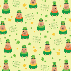 Patricks day pattern with a happy capybara. St. Patricks Day background, trefoil, shamrock, patrick's hat.