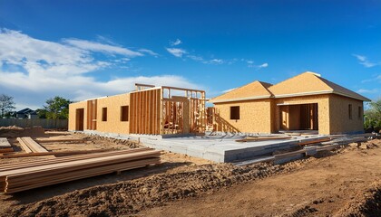 Obraz premium New home development construction site; newly developed subdivision with new construction; brand new suburbs; American home construction site; homes built with wood; new home developers 