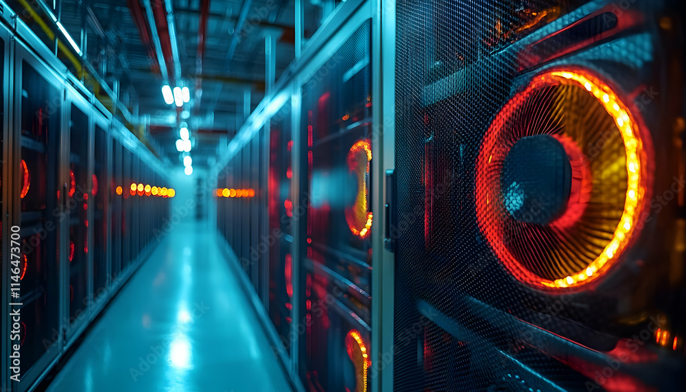 Poster a corridor of data servers with glowing red lights, emphasizing technology and computing power.