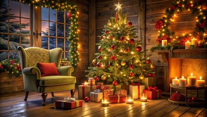 Christmas Tree Candles Presents Chair High Depth Field Festive Holiday Scene Winter Wonderland