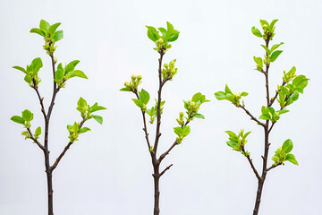 A group of three small trees with green leaves on them