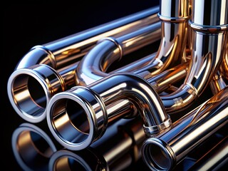 Naklejka premium Chrome Pipes Food Photography - Black Background Still Life, Culinary Metal Design, Industrial Kitchen Aesthetic