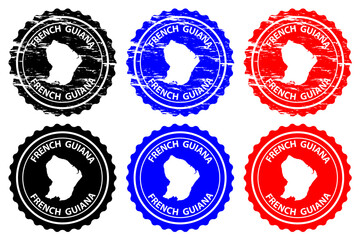 French Guiana - rubber stamp - vector, French Guiana map pattern - sticker - black, blue and red
