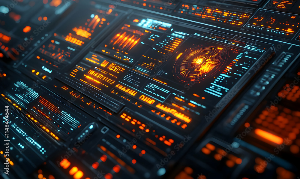 Poster a futuristic control panel displaying data visualizations and metrics in vibrant colors.