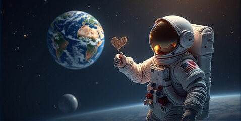Naklejka premium Suspended in cosmic silence, an astronaut cradles a love letter to Earth, her fragile beauty reflected in his eyes of hope and protection