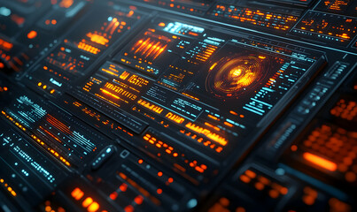 Obraz premium A futuristic control panel displaying data visualizations and metrics in vibrant colors.
