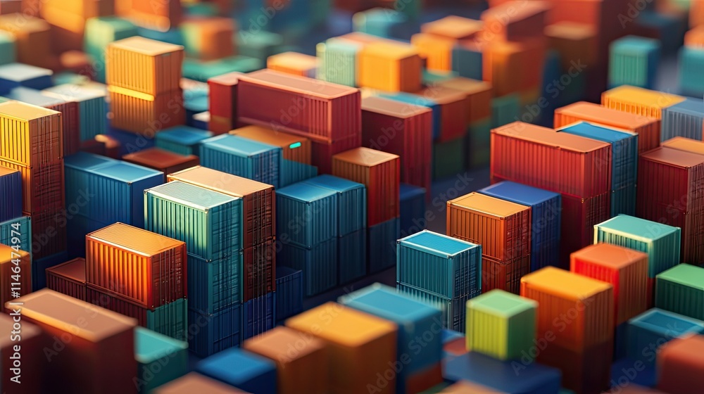 Poster a vibrant and abstract view of colorful shipping containers arranged in an intricate pattern, perfec