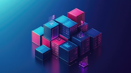 Fototapeta premium Colorful 3D Rendering of Shipping Containers with Neon Glow Effect Highlighting Modern Transportation and Logistics Concepts