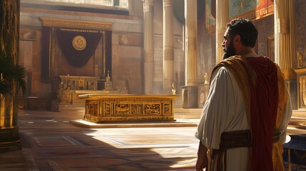  A Pharisee in front of the altar, showing off very proud and rich, looking up. And a Roman tax collector in the back of the temple, looking down sadly. Plots against Jesus