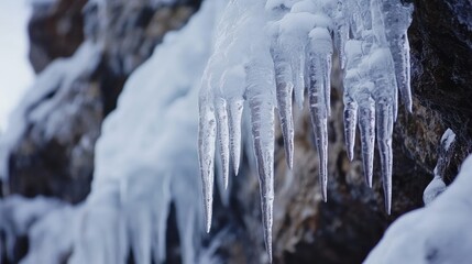 Close-up of icicles hanging from a rocky surface, showcasing winter's beauty and chill.