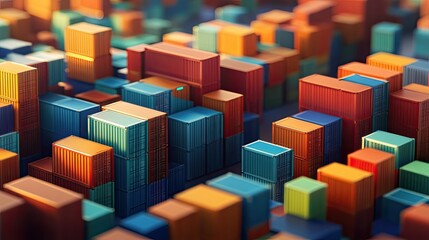 A Vibrant and Abstract View of Colorful Shipping Containers Arranged in an Intricate Pattern, Perfect for Illustrating Trade, Logistics, and Supply Chain Concepts