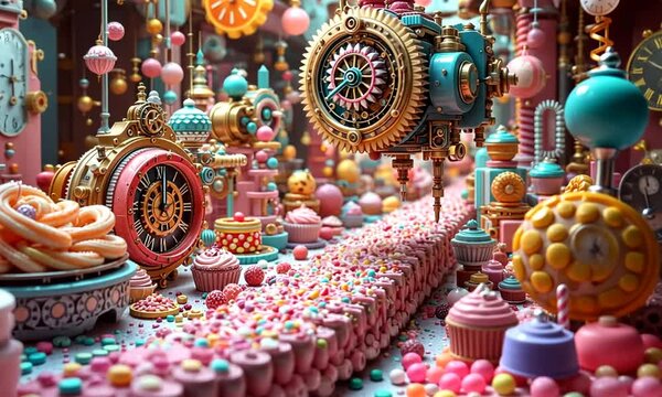 Surreal candy clockwork a mesmerizing assembly line of candy machinery in perpetual motion