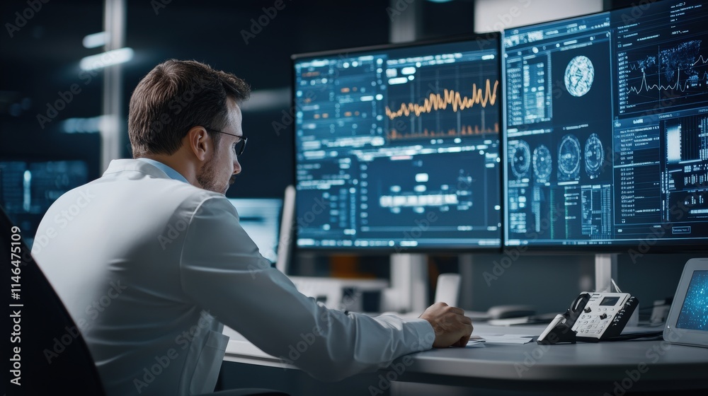 Aufkleber An IT professional monitoring health record security on a dashboard in a futuristic control room,